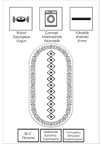 Dijital Baskı Yıkanabili Kaymaz Beyaz Oval Salon Halısı Mutfak Halısı Yolluk ve Paspas