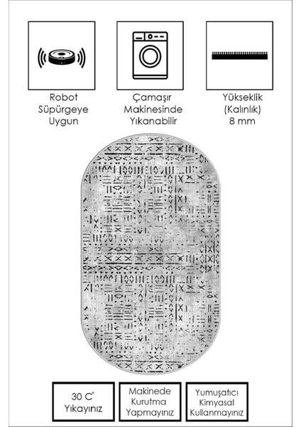 Dijital Baskı Yıkanabilir Kaymaz Gri Oval Salon Halısı Mutfak Halısı Yolluk ve Paspas