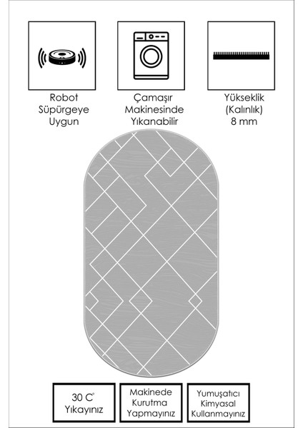 Dijital Baskı Yıkanabilir Kaymaz Gri Oval Salon Halısı Mutfak Halısı Yolluk ve Paspas