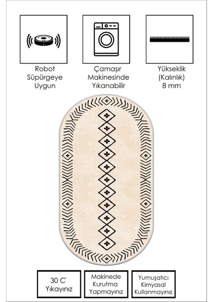 Dijital Baskı Yıkanabili Kaymaz Bej Oval Salon Halısı Mutfak Halısı Yolluk ve Paspas