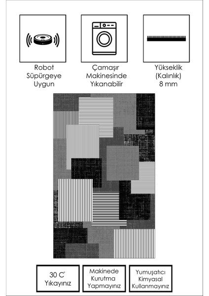 Dijital Baskı Yıkanabilir Kaymaz Siyah Salon Halısı Mutfak Halısı Yolluk ve Paspas