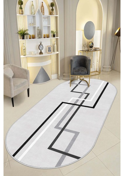 Dijital Baskı Yıkanabili Kaymaz Gri Oval Salon Halısı Mutfak Halısı Yolluk ve Paspas