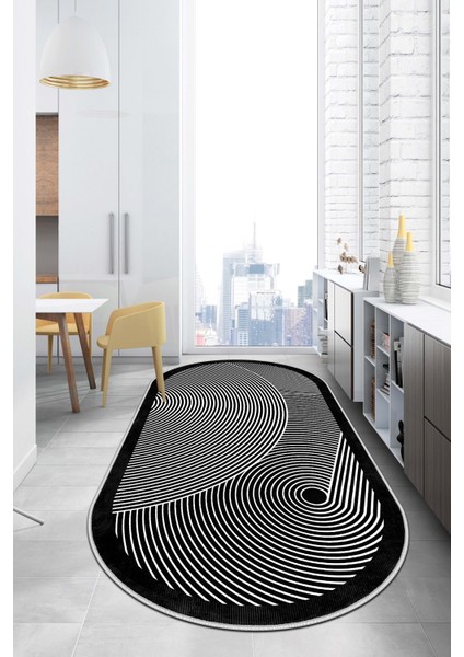 Dijital Baskı Yıkanabilir Kaymaz Siyah Oval Salon Halısı Mutfak Halısı Yolluk ve Paspas