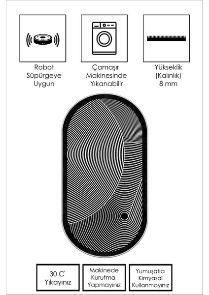 Dijital Baskı Yıkanabilir Kaymaz Siyah Oval Salon Halısı Mutfak Halısı Yolluk ve Paspas