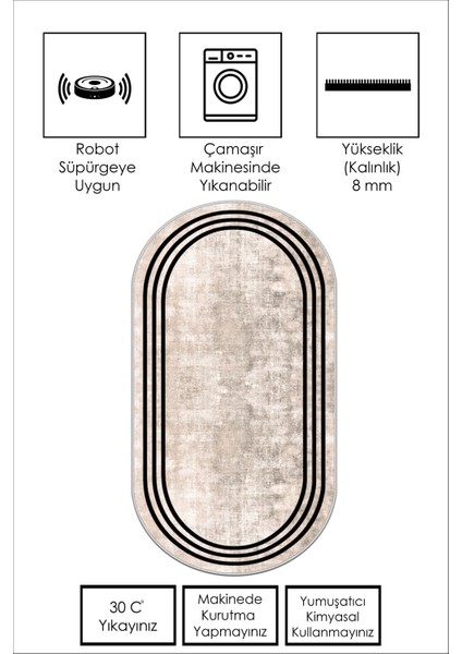 Dijital Baskı Yıkanabili Kaymaz Bej Oval Salon Halısı Mutfak Halısı Yolluk ve Paspas