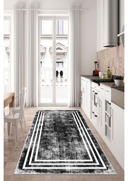 Dijital Baskı Yıkanabilir Kaymaz Siyah Salon Halısı Mutfak Halısı Yolluk ve Paspas