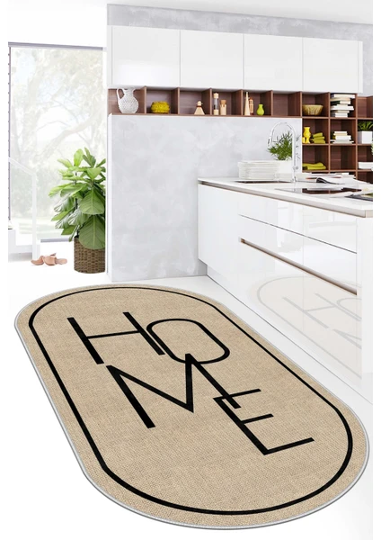 Lavita Home Dijital Baskı Yıkanabili Kaymaz Bej Oval Salon Halısı Mutfak Halısı Yolluk ve Paspas