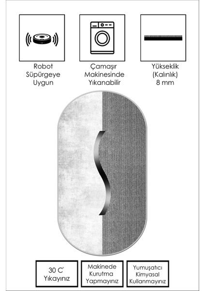 Dijital Baskı Yıkanabili Kaymaz Gri Oval Salon Halısı Mutfak Halısı Yolluk ve Paspas