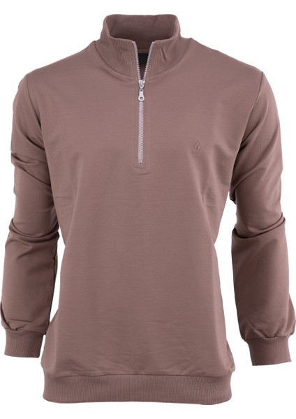 Erkek Mevsimlik Yarım Fermuarlı Dik Yaka Uzun Kollu Armalı Rahat Likralı Pamuklu İki Iplik Sweatshirt