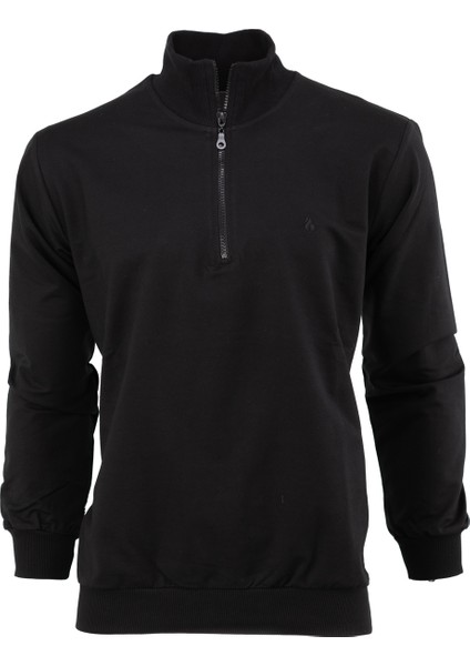 Erkek Mevsimlik Yarım Fermuarlı Dik Yaka Uzun Kollu Armalı Rahat Likralı Pamuklu İki Iplik Sweatshirt