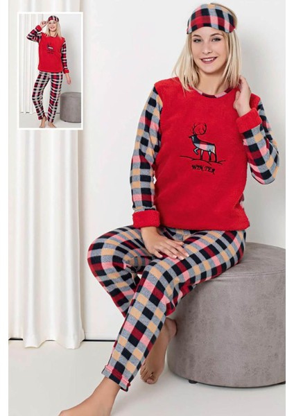 Kadın Kırmızı Desenli Welsoft Desenli Kışlık Polar Pijama Takım 1D-0217