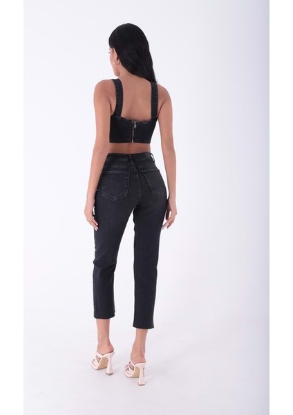 Paçaları Dikişsiz ve Yüksek Belli Cepli Astarsız Kadın Kot Pantolon Mom Fit Jean Antrasit Denim fırsatları