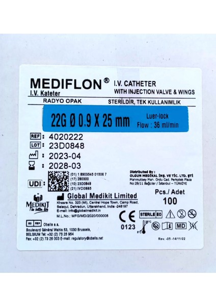 Branül (Intraket) Anjiyokat I.V Kanül Mavi (22G) 1 Kutu 100'Lü Paket modelleri