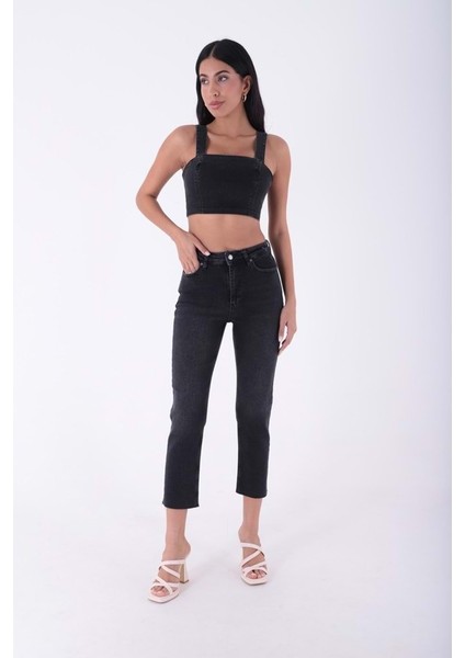 Paçaları Dikişsiz ve Yüksek Belli Cepli Astarsız Kadın Kot Pantolon Mom Fit Jean Antrasit Denim fiyatları