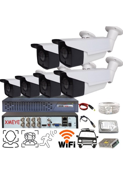6 Kameralı Araç, Yüz ve Insan Tanımalı Hareket Algılayan 5 Mp Lens 4 Array LED Metal Kasa Güvenlik Kamerası Seti_bs 204