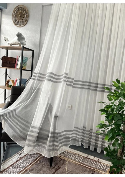 Taç Eteği Gri Çizili 1/3 Sık Pile Tül Perde Tek Kanat - Ekru - Gri 150 x 260 cm modelleri