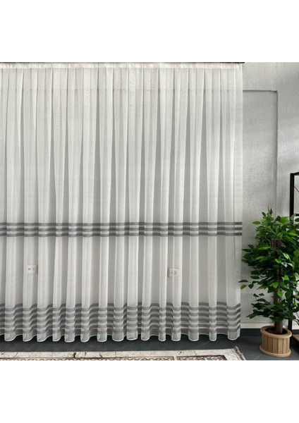 Taç Eteği Gri Çizili 1/3 Sık Pile Tül Perde Tek Kanat - Ekru - Gri 150 x 260 cm fırsatları