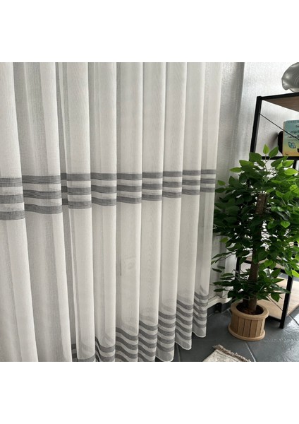 Taç Eteği Gri Çizili 1/2 Seyrek Pile Tül Perde Tek Kanat - Ekru - Gri 100 x 270 cm
