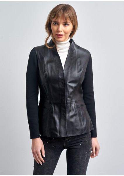 Kadın Siyah Çift Cepli Örme Kol Deri Ceket modelleri