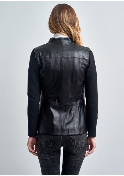 Kadın Siyah Çift Cepli Örme Kol Deri Ceket