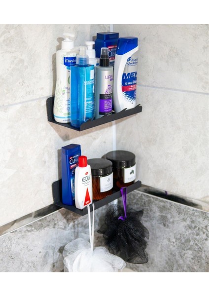 Yapışkanlı 2 Li Siyah Köşe Şampuan Tutucu, Banyo Düzenleyici, Mutfak ve Raf Düzenleyici