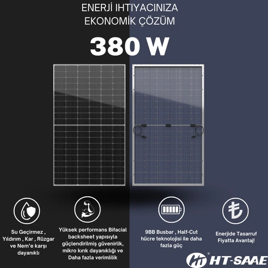 HT-SAAE HT60-166M Transparan 380 Wp Ekonomik Güneş Paneli Half-Cut Monokristal Yüksek Verimli Düşük LID Bifacial Hücre