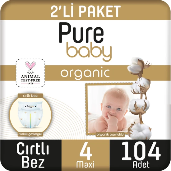 Pure Baby Organik Pamuklu Cırtlı Bez 2'li Paket 4 Numara Maxi 104 Adet