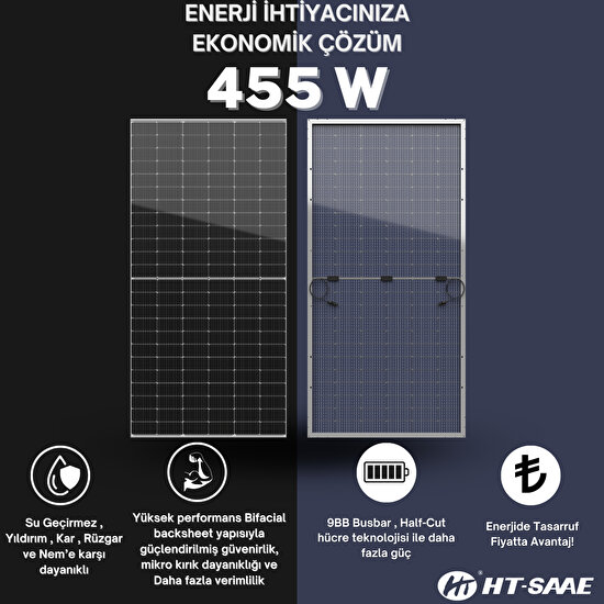 HT-SAAE HT72-166M Transparan 455 Wp Ekonomik Güneş Paneli Half-Cut Monokristal Yüksek Verimli Düşük LID Bifacial Hücre