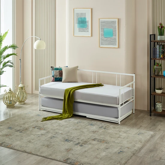 Unimet Forte Yavrulu Karyola Daybed Tek-Çift Kişilik Metal Karyola+Yatak Seti Beyaz