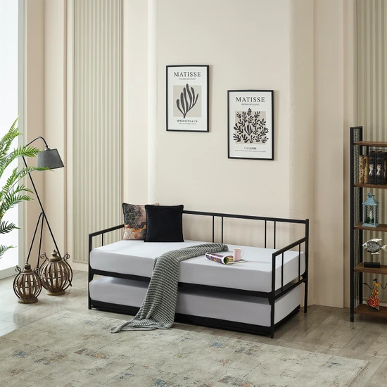 Unimet Forte Yavrulu Karyola Daybed Tek-Çift Kişilik Metal Karyola+Yatak Seti Siyah