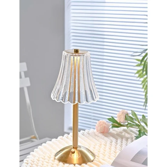 Bekaze Dekoratif Kristal Şarjlı Şemsiye Gold LED Abajur, Masa Lambası, Dokunmatik 3 Renk Modu