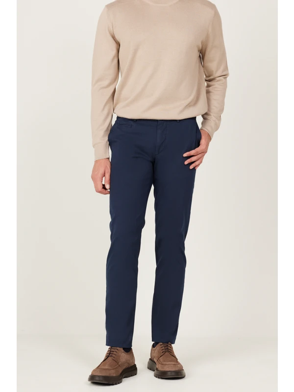AC&Co / Altınyıldız Classics Erkek Lacivert Slim Fit Dar Kesim Yan Cepli Pamuklu Diyagonal Desenli Esnek Pantolon