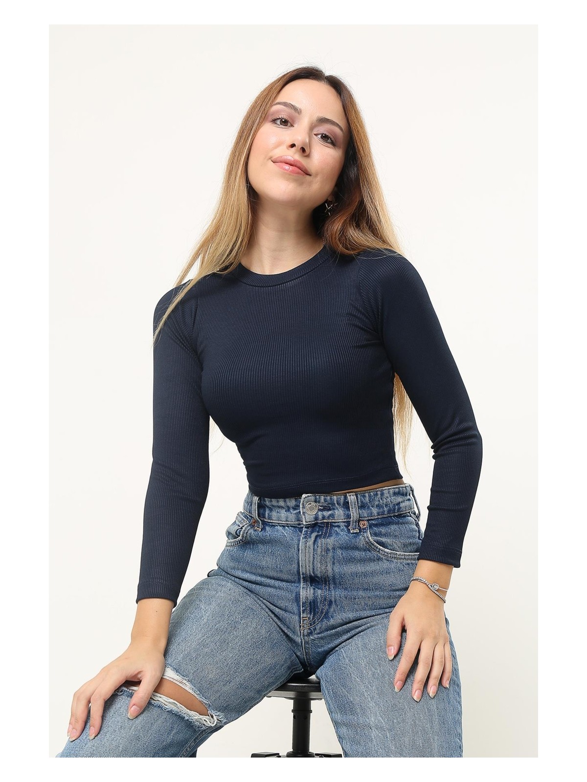 Terapi Men Kadın Krem Fitilli Balıkçı Yaka Uzun Kollu Crop Örme Bluz Body TRP23K-BDY231023 - Görsel 3