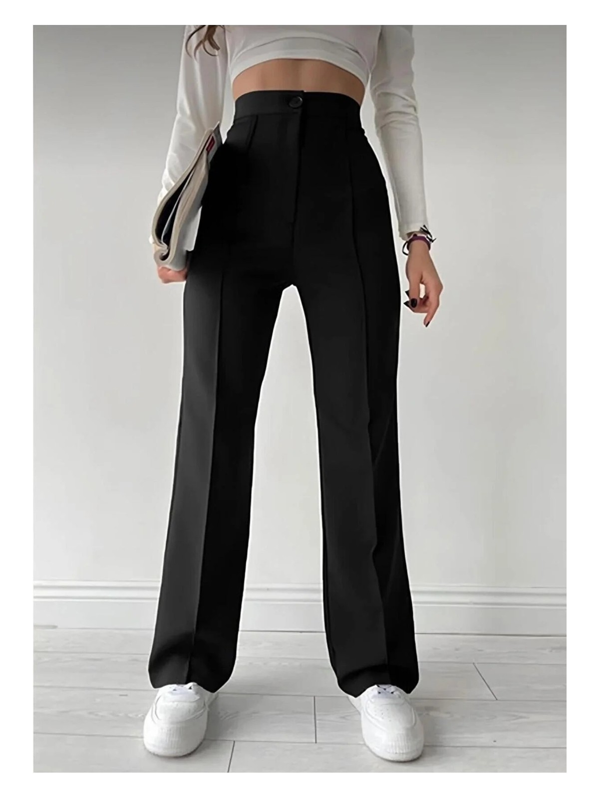 Swana Kadın Krep Kumaş Likralı Önü Çimalı Ispanyol Paça Palazzo Pantalon