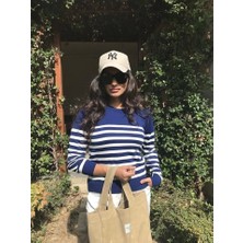 4 Sisters Fashion Sarı Düğmeli Lacivert Beyaz Çizgili Triko Kazak