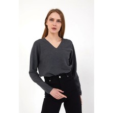 4 Sisters Fashion Füme V Yaka Fitilli Oversize Kazak