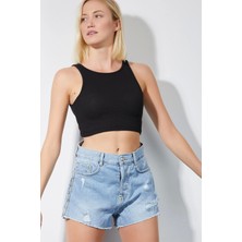 4 Sisters Fashion Siyah Sporcu Atlet Crop Top