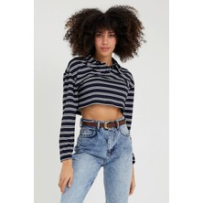 4 Sisters Fashion Polo Yaka Beyaz Çizgili Lacivert Crop Tshirt