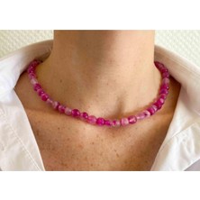 NehirTaş Sertifikalı   Pembe Akik Taşı Doğaltaş Kolye 8 mm Faset