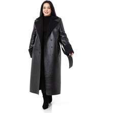 Disentis Modest Büyük Beden Kol Ağzı ve Içi Kürklü Uzun Deri Siyah Palto