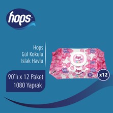 Hops Gül Kokulu Islak Mendil, Standart Boy, (90 X 12 ADET) - 1080 Yaprak