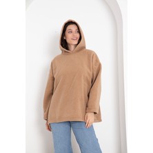 Zame Prive Şapkalı Biyeli Camel Yumuşak Örme Sweatshirt