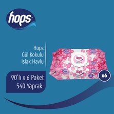 Hops Gül Kokulu Islak Mendil, Standart Boy, (90 x 6 Adet) - 540 Yaprak