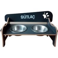 RealWood  Özel Isim Baskılı Ahşap Kademeli Eğimli Çelik Kaseli Kedi Köpek Mama ve Su Kabı Stantı