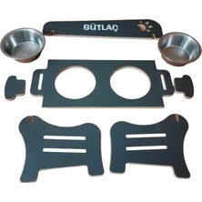 RealWood  Özel Isim Baskılı Ahşap Kademeli Eğimli Çelik Kaseli Kedi Köpek Mama ve Su Kabı Stantı
