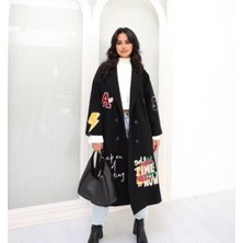 My Model Siyah Baskılı Nakışlı Uzun Kaşe Kaban