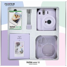 Fujifilm Instax Mini 12 Lila Fotoğraf Makinesi 10'lu Film Simli Pleksi Kılıf Pvc Albüm ve Kıskaçlı Resim Standı Bundle Box