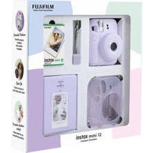 Fujifilm Instax Mini 12 Lila Fotoğraf Makinesi 10'lu Film Simli Pleksi Kılıf Pvc Albüm ve Kıskaçlı Resim Standı Bundle Box