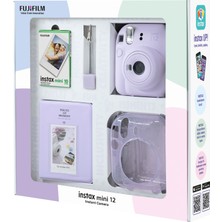 Fujifilm Instax Mini 12 Lila Fotoğraf Makinesi 10'lu Film Simli Pleksi Kılıf Pvc Albüm ve Kıskaçlı Resim Standı Bundle Box