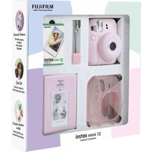 Fujifilm Instax Mini 12 Pembe Fotoğraf Makinesi 10'lu Film Simli Pleksi Kılıf Pvc Albüm ve Kıskaçlı Resim Standı Bundle Box